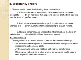 4. Expectancy Theory
 The theory discusses the following three relationships:
1. Effort-performance relationship. This relates to the perceived
probability by an individual that a specific amount of effort will lead to a
specific level of performance.
2. Performance-reward relationship. This point to the perceived
chances of a given level of performance leading to a given reward.
3. Reward-personal goals relationship. This talk about the level of
satisfaction of an individual from the reward system.
As per case study
• The organization appeared to miss out on all the three relationships.
• The rewards that were given to the MTOs were not intelligible with their
expectations and personal goals.
• MTO’s incentives were also not level with market benchmarks.
• Officers were not sure as to what level of performance would ensure
them a specific increment or bonus.
 