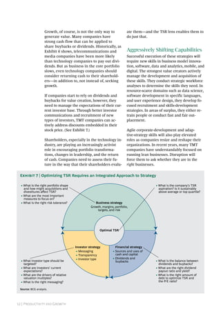12 | Productivity and Growth
Growth, of course, is not the only way to
generate value. Many companies have
strong cash flow that can be applied to
share buybacks or dividends. Historically, as
Exhibit 6 shows, telecommunications and
media companies have been more likely
than technology companies to pay out divi-
dends. But as business in the core portfolio
slows, even technology companies should
consider returning cash to their sharehold-
ers—in addition to, not instead of, seeking
growth.
If companies start to rely on dividends and
buybacks for value creation, however, they
need to manage the expectations of their cur-
rent investor base. Through better investor
communications and recruitment of new
types of investors, TMT companies can ac-
tively address discounts embedded in their
stock price. (See Exhibit 7.)
Shareholders, especially in the technology in-
dustry, are playing an increasingly activist
role in encouraging portfolio transforma-
tions, changes in leadership, and the return
of cash. Companies need to assess their fu-
ture in the way that their shareholders evalu-
ate them—and the TSR lens enables them to
do just that.
Aggressively Shifting Capabilities
Successful execution of these strategies will
require new skills in business model innova-
tion, software, data and analytics, mobile, and
digital. The strongest value creators actively
manage the development and acquisition of
these skills. They conduct strategic workforce
analyses to determine the skills they need. In
resource-scarce domains such as data science,
software development in specific languages,
and user experience design, they develop fo-
cused recruitment and skills-development
strategies. In areas of surplus, they either re-
train people or conduct fast and fair out-
placement.
Agile corporate-development and adap-
tive-strategy skills will also play elevated
roles as companies resize and reshape their
organizations. In recent years, many TMT
companies have understandably focused on
running lean businesses. Disruption will
force them to ask whether they are in the
right businesses.
Business strategy
Growth, margins, portfolio,
targets, and risk
Optimal TSR
Investor strategy Financial strategy
• What is the balance between
dividends and buybacks?
• What are the right dividend
payout ratio and yield?
• What is the right amount of
debt to optimize TSR and
the P/E ratio?
• What investor type should be
targeted?
• What are investors’ current
expectations?
• What are the drivers of relative
valuation multiples?
• What is the right messaging?
• What is the right portfolio shape
and how might acquisitions and
divestitures aﬀect TSR?
• What are the most important
measures to focus on?
• What is the right risk tolerance?
• Messaging
• Transparency
• Investor type
• Sources and uses of
cash and capital
• Dividends and
buybacks
• What is the company’s TSR
aspiration? Is it sustainably
above average or top quartile?
Source: BCG analysis.
Exhibit 7 | Optimizing TSR Requires an Integrated Approach to Strategy
 