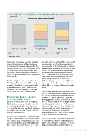 The Boston Consulting Group | 31
Authorities increasingly recognize that ade-
quate market structure and regulation are
critical not only for carriers but also for the
overall economy. But there is still more to do.
Carriers should continue to press for both
in-country consolidation and regulatory cer-
tainty that permits steady returns commensu-
rate with risks.
In advocating for stable and investment-
friendly regulation, carriers will have to think
creatively about how to price separately for
services that run on legacy networks and
those that run on new networks that have
been deployed at higher economic risk.
Productivity: Radical Changes
to the Operating Model
Telecom operators have been cutting back.
The key European companies, for example,
are reducing spending by more than 5 per-
cent annually year over year. But few of them
are making the structural changes that will
generate further savings.
Simplified Product Portfolio. Operators with
complex tariffs can take a lesson from a few
new entrants that have gone to market with
simple offers. In France, broadband provider
Free entered the mobile market two years
ago with a low-cost offer of €2 a month for 60
voice minutes and 60 text messages and a
premium offer at €19.99 a month for unlimit-
ed calls and texts and three gigabytes of data
usage. (The only subsequent changes have
been to add free roaming and additional
data.) This simple retail offer enables lean
operations, such as online sales and fulfill-
ment, the recent rollout of interactive
SIM-card dispensers, and an overall lower
cost structure. This business model has
allowed Free to capture a 12 percent market
share.
Simple offers also work in markets—such as
the U.S.—where regulation is not as favorable
to so-called mobile virtual-network operators
like Free. U.S.-based T-Mobile’s Un-carrier
Strategy provides an easy-to-understand port-
folio of products and an end to the practice of
subsidizing handsets in return for long com-
mitments. After a year of these offerings, sub-
scriber growth rose by 15 percent and reve-
nues increased by 8 percent. Although
EBITDA margins still trailed industry averag-
es, they had stabilized at 20 percent.
Low-Cost Networks. Mobile networks general-
ly receive the most press, but fixed-network
traffic is also rising exponentially—by about
50 percent annually, according to Cisco. In
TSR, 2019–2023TSR, 2014–2018Historical ﬁve-year TSR
Growth outside the core
Fundamental levers to generate TSR
Market momentum (as is) Productivity increases Core growth
Source: BCG analysis.
Exhibit 17 | Top-Performing Telecom Operators Cannot Rely on Momentum and
Productivity
 