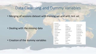 Data Cleansing and Dummy Variables
• Merging of sessions dataset with training set and with test set
• Dealing with the missing data
• Creation of the dummy variables
 