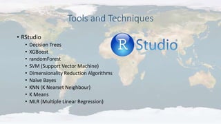 Tools and Techniques
• RStudio
• Decision Trees
• XGBoost
• randomForest
• SVM (Support Vector Machine)
• Dimensionality Reduction Algorithms
• Naïve Bayes
• KNN (K Nearset Neighbour)
• K Means
• MLR (Multiple Linear Regression)
 