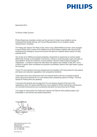 Philips - JLL Reference Letter from Simon Jackson Dec 2012