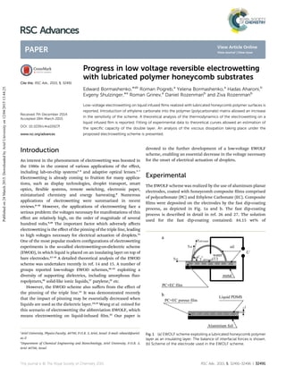 Progress in low voltage reversible electrowetting
with lubricated polymer honeycomb substrates
Edward Bormashenko,*ab
Roman Pogreb,a
Yelena Bormashenko,a
Hadas Aharoni,b
Evgeny Shulzinger,*a
Roman Grinev,a
Daniel Rozenmanb
and Ziva Rozenmanb
Low-voltage electrowetting on liquid infused ﬁlms realized with lubricated honeycomb polymer surfaces is
reported. Introduction of ethylene carbonate into the polymer (polycarbonate) matrix allowed an increase
in the sensitivity of the scheme. A theoretical analysis of the thermodynamics of the electrowetting on a
liquid infused ﬁlm is reported. Fitting of experimental data to theoretical curves allowed an estimation of
the speciﬁc capacity of the double layer. An analysis of the viscous dissipation taking place under the
proposed electrowetting scheme is presented.
Introduction
An interest in the phenomenon of electrowetting was boosted in
the 1980s in the context of various applications of the eﬀect,
including lab-on-chip systems1–4
and adaptive optical lenses.1–7
Electrowetting is already coming to fruition for many applica-
tions, such as display technologies, droplet transport, smart
optics, exible systems, remote switching, electronic paper,
miniaturized chemistry and energy harvesting.8
Numerous
applications of electrowetting were summarized in recent
reviews.8–10
However, the applications of electrowetting face a
serious problem: the voltages necessary for manifestations of this
eﬀect are relatively high, on the order of magnitude of several
hundred volts.9,10
The important factor which adversely aﬀects
electrowetting is the eﬀect of the pinning of the triple line, leading
to high voltages necessary for electrical actuation of droplets.11
One of the most popular modern congurations of electrowetting
experiments is the so-called electrowetting-on-dielectric scheme
(EWOD), in which liquid is placed on an insulating layer on top of
bare electrodes.12–14
A detailed theoretical analysis of the EWOD
scheme was undertaken recently in ref. 14 and 15. A number of
groups reported low-voltage EWOD schemes,16–23
exploiting a
diversity of supporting dielectrics, including amorphous uo-
ropolymers,16
solid-like ionic liquids,17
parylene,21
etc.
However, the EWOD scheme also suﬀers from the eﬀect of
the pinning of the triple line.11
It was demonstrated recently
that the impact of pinning may be essentially decreased when
liquids are used as the dielectric layer.24,25
Wang et al. coined for
this scenario of electrowetting the abbreviation EWOLF, which
means electrowetting on liquid-infused lm.25
Our paper is
devoted to the further development of a low-voltage EWOLF
scheme, enabling an essential decrease in the voltage necessary
for the onset of electrical actuation of droplets.
Experimental
The EWOLF scheme was realized by the use of aluminum planar
electrodes, coated with honeycomb composite lms comprised
of polycarbonate (PC) and Ethylene Carbonate (EC). Composite
lms were deposited on the electrodes by the fast dip-coating
process, as depicted in Fig. 1a and b. The fast dip-coating
process is described in detail in ref. 26 and 27. The solution
used for the fast dip-coating contained: 84.15 wt% of
Fig. 1 (a) EWOLF scheme exploiting a lubricated honeycomb polymer
layer as an insulating layer. The balance of interfacial forces is shown.
(b) Scheme of the electrode used in the EWOLF scheme.
a
Ariel University, Physics Faculty, 40700, P.O.B. 3, Ariel, Israel. E-mail: edward@ariel.
ac.il
b
Department of Chemical Engineering and Biotechnology, Ariel University, P.O.B. 3,
Ariel 40700, Israel
Cite this: RSC Adv., 2015, 5, 32491
Received 7th December 2014
Accepted 19th March 2015
DOI: 10.1039/c4ra15927f
www.rsc.org/advances
This journal is © The Royal Society of Chemistry 2015 RSC Adv., 2015, 5, 32491–32496 | 32491
RSC Advances
PAPER
Publishedon24March2015.DownloadedbyArielUniversityon12/04/201513:44:25.
View Article Online
View Journal | View Issue
 