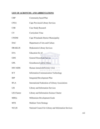 LIST OF ACRONYMS AND ABBREVIATIONS
CBP Community based Plan
CPLS Cape Provincial Library Services
CSR Case Study Research
CV Curriculum Vitae
CWDM Cape Winelands District Municipality
DAC Department of Arts and Culture
DRAKLIS Drakenstein Library Services
EFA Education for all
GHS General Household Survey
GPL Groenheuwel public library
HIV/AIDS Human immunodeficiency virus
ICT Information Communication Technology
IDP Integrated Development Plan
IFLA International Federation of Library Associations
LIS Library and Information Services
LIS Charter Library and Information Science Charter
MDGs Millennium Development Goals
MTS Medium Term Strategy
NCLIS National Council for Library and Information Services
xiii
 
 
 
 
 