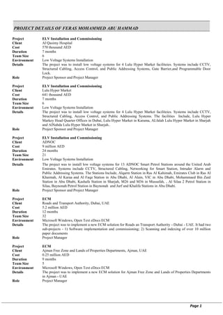 Page 1
PROJECT DETAILS OF FERAS MOHAMMED ABU HAMMAD
Project ELV Installation and Commissioning
Client
Cost
Al Qasimy Hospital
570 thousand AED
Duration 7 months
Team Size 6
Environment Low Voltage Systems Installation
Details The project was to install low voltage systems for 4 Lulu Hyper Market faciliteies. Systems include CCTV,
Structured Cabling, Access Control, and Public Addressing Systems, Gate Barrier,and Programmable Door
Lock.
Role Project Sponsor and Project Manager
Project ELV Installation and Commissioning
Client
Cost
Lulu Hyper Market
641 thousand AED
Duration 7 months
Team Size 6
Environment Low Voltage Systems Installation
Details The project was to install low voltage systems for 4 Lulu Hyper Market faciliteies. Systems include CCTV,
Structured Cabling, Access Control, and Public Addressing Systems. The facilities Include, Lulu Hyper
Markey Head Quarter Offices in Dubai, Lulu Hyper Market in Karama, ALfalah Lulu Hyper Market in Sharjah
and AlNahda Lulu Hyper Market in Sharjah..
Role Project Sponsor and Project Manager
Project ELV Installation and Commissioning
Client
Cost
ADNOC
9 million AED
Duration 24 months
Team Size 21
Environment Low Voltage Systems Installation
Details The project was to install low voltage systems for 13 ADNOC Smart Petrol Stations around the United Arab
Emirates. Systems include CCTV, Structured Cabling, Networking for Smart Station, Intruder Alarm and
Public Addressing Systems. The Stations Include, Alqarm Station in Ras Al Kahimah, Emirates Club in Ras Al
Khaimah, Al Karaa and Al Faqa Station in Abu Dhabi, Al Alain, VIC in Abu Dhabi, Mohammaed Bin Zaid
Station in Abu Dhabi, Kashafa Station in Sharjah, M26 and M36 in Mussafah, , Al Silaa 2 Petrol Station in
Silaa, Baynonah Petrol Station in Baynonah and Jurf and Khalifa Stations in Abu Dhabi.
Role Project Sponsor and Project Manager
Project ECM
Client
Cost
Roads and Transport Authority, Dubai, UAE
5.2 million AED
Duration 12 months
Team Size 32
Environment Microsoft Windows, Open Text eDocs ECM
Details The project was to implement a new ECM solution for Roads an Transport Authority - Dubai - UAE. It had two
sub-projects - 1) Software implementation and commissioning; 2) Scanning and indexing of over 10 million
paper documents
Role Project Manager
Project ECM
Client
Cost
Ajman Free Zone and Lands of Properties Departments, Ajman, UAE
0.25 million AED
Duration 9 months
Team Size 5
Environment Microsoft Windows, Open Text eDocs ECM
Details The project was to implement a new ECM solution for Ajman Free Zone and Lands of Properties Departments
in Ajman - UAE
Role Project Manager
 