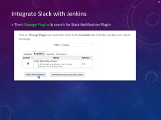 33
> Then Manage Plugins & search for Slack Notification Plugin
Integrate Slack with Jenkins
 