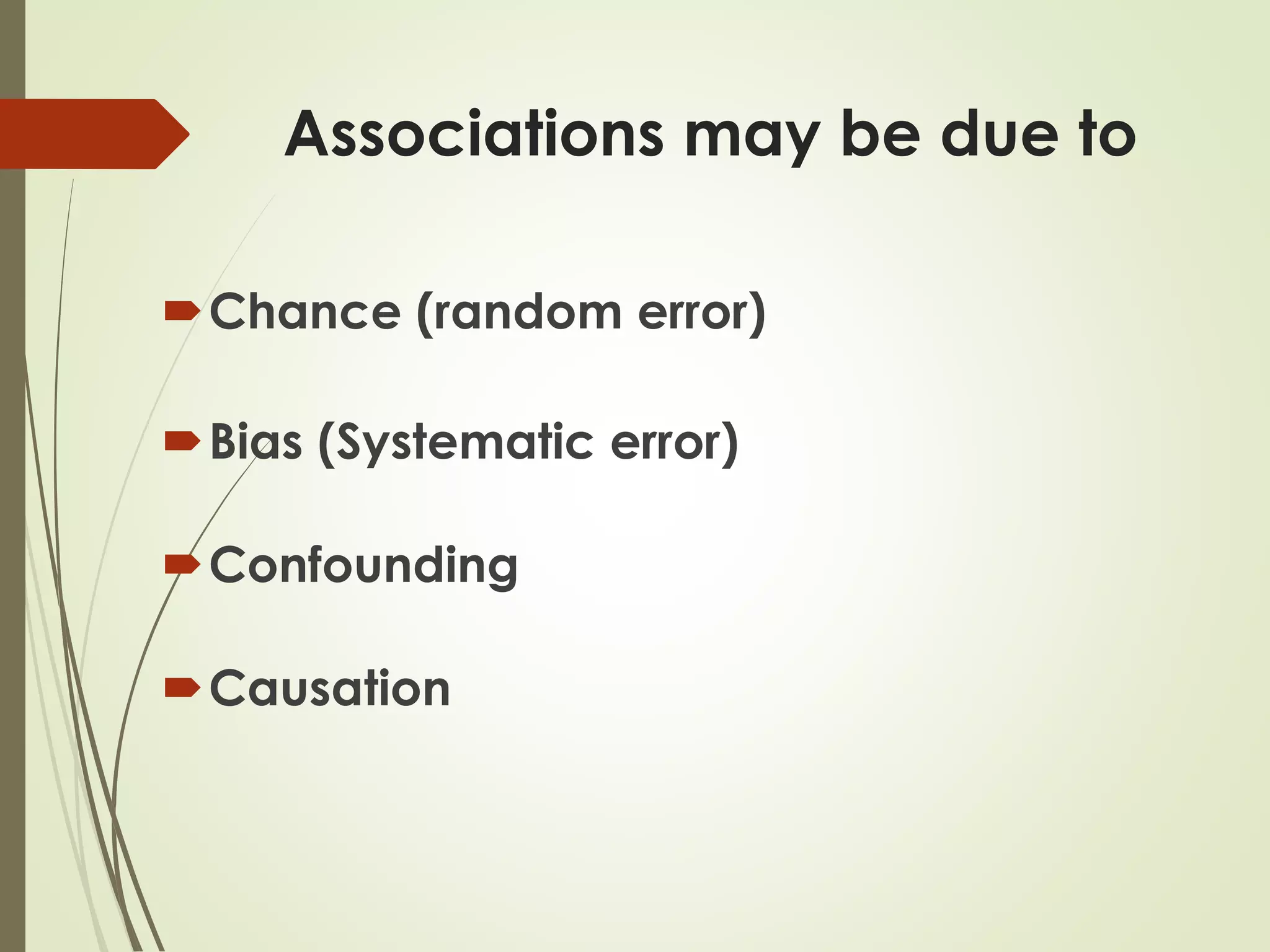 Associations may be due to
Chance (random error)
Bias (Systematic error)
Confounding
Causation
 