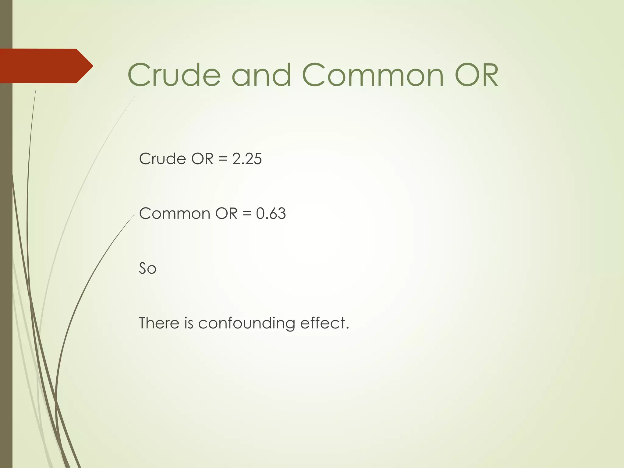 Crude OR = 2.25
Common OR = 0.63
So
There is confounding effect.
Crude and Common OR
 