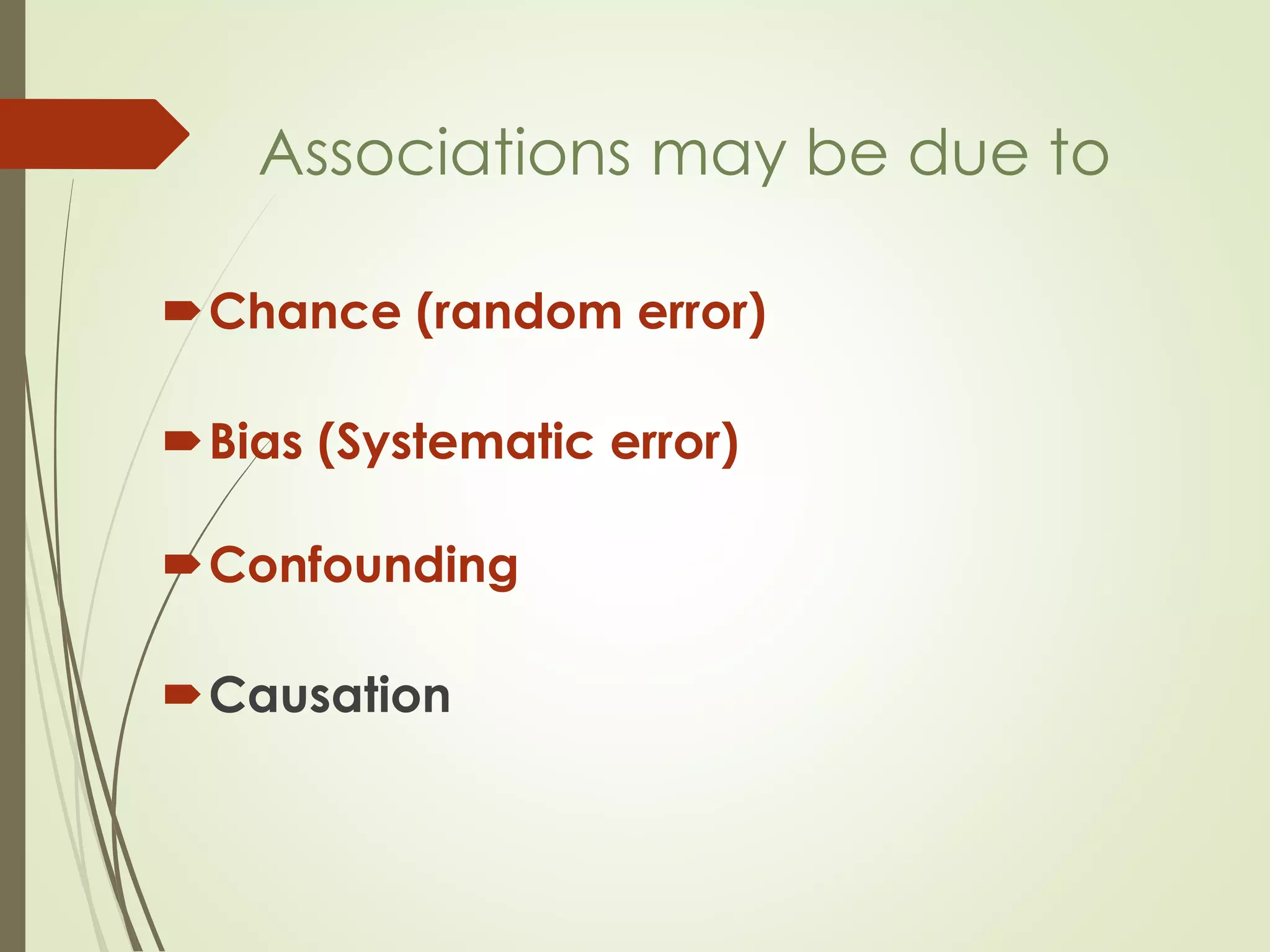 Chance (random error)
Bias (Systematic error)
Confounding
Causation
Associations may be due to
 