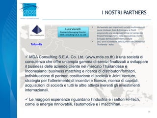 I NOSTRI PARTNERS
 MDA Consulting S.E.A. Co. Ltd. (www.mda.co.th) è una società di
consulenza che offre un’ampia gamma di servizi finalizzati a sviluppare
il business delle aziende cliente nel mercato Thailandese e
Indonesiano: business matching e ricerca di distributori/fornitori,
individuazione di partner, costituzione di società e Joint Venture,
strategia per l’ottenimento di incentivi e licenze, ricerca di capitali,
acquisizioni di società e tutti le altre attività inerenti gli investimenti
internazionali.
 Le maggiori esperienze riguardano l’industria e i settori Hi-Tech,
come le energie rinnovabili, l’automotive e i macchinari.
26
• Ha lavorato per importanti società multinazionali
come Unilever, Bain & Company e Pirelli
acquisendo una vasta esperienza nel campo del
Project Management, nella Consulenza e nello
Sviluppo del Business Internazionale
• Da 7 anni è Direttore della Camera di Commercio
Thailandia - Italia
Luca Vianelli
Partner & Managing Director
MDA Consulting S.E.A. Co. Ltd
Tailandia
 