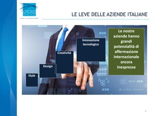 8
Innovazione
tecnologica
Style
Le nostre
aziende hanno
grandi
potenzialità di
affermazione
internazionale
ancora
inespresse
Creatività
Design
LE LEVE DELLE AZIENDE ITALIANE
 