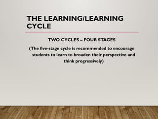 THE LEARNING/LEARNING
CYCLE
TWO CYCLES – FOUR STAGES
(The five-stage cycle is recommended to encourage
students to learn to broaden their perspective and
think progressively)
 