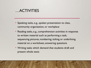 …ACTIVITIES
• Speaking tasks, e.g., spoken presentation to class,
community organization, or workplace
• Reading tasks, e.g., comprehension activities in response
to written material such as performing a task,
sequencing pictures, numbering, ticking or underlining
material on a worksheet, answering questions
• Writing tasks which demand that students draft and
present whole texts
 