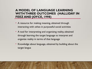 A MODEL OF LANGUAGE LEARNING
WITHTHREE OUTCOMES (HALLIDAY IN
FEEZ AND JOYCE, 1998)
• A resource for making meaning, obtained through
interacting with othes in purposeful social activities
• A tool for interpreting and organizing reality, obtained
through learning the target language to interpret and
organize reality in terms of that language
• Knowledge about language, obtained by building about the
target langua
 