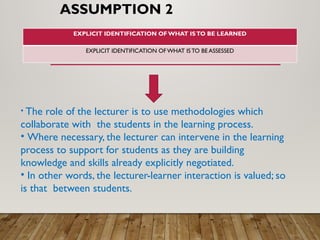 ASSUMPTION 2
EXPLICIT IDENTIFICATION OF WHAT ISTO BE LEARNED
EXPLICIT IDENTIFICATION OF WHAT ISTO BE ASSESSED
• The role of the lecturer is to use methodologies which
collaborate with the students in the learning process.
• Where necessary, the lecturer can intervene in the learning
process to support for students as they are building
knowledge and skills already explicitly negotiated.
• In other words, the lecturer-learner interaction is valued; so
is that between students.
 