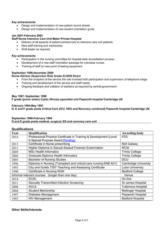 Key achievements
• Design and implementation of new patient record sheets.
• Design and implementation of new student orientation guide.
Jan 2001-February 2003
Staff Nurse Intensive Care Unit Mater Private Hospital
• Delivery of all aspects of patient-centred-care to intensive care unit patients.
• New staff training and mentorship.
• Shift leader as required.
Key achievements
• Participation in the nursing committee for hospital wide accreditation process.
• Development of a new staff orientation package for overseas nurses.
• Training of staff on new point of testing equipment.
September 1998-december 2000
Nurse Advisor (Supervisor Role Grade G) NHS Direct
• From the inception of the service the role involved both participation and supervision of telephone triage.
• Training and development of the service and staff needs.
• Ongoing feedback and collation of statistics as required by central government.
May 1997- September 1998
F grade (junior sister) Cystic fibrosis specialist unit Papworth hospital Cambridge UK
February 1994-May 1997
D, E and F grade posts Critical Care (ICU, HDU and Recovery combined) Papworth hospital Cambridge UK
September 1990-February 1994
D and E grade posts medical, surgical, ED and coronary care unit
Qualifications
Year Qualification Awarding body
2016 Professional Practice Certificate in Training & Development (Level
6 Special Purpose Award Pending)
IITD
2013 Certificate in Nurse prescribing NUI Galway
2011 Higher Diploma in Sexual Assault Forensic Examination RCSI
2009 MSc Health Infomatics Trinity College
2006 Graduate Diploma Health Infomatics Trinity College
2005 Bachelor of Nursing Studies DCU
1996 Diploma in Nursing (Transplant and critical care nursing ENB A01) Cambridge University
1993 City and Guilds 7307 Teaching and Assessing Certificate Luton University
1990 Certificate in Nursing RGN Bedford College
Informal relevant courses (longer than one day) Venue
2014 ECDL On-line
2011 Sexually Transmitted Infection Screening St James Hospital
2008 ACLS Tullamore Hospital
2004 Student Mentorship Mullingar Hospital
1997 Diabetes Management Papworth Hospital
1993 HIV Management Bedford Hospital
Other Skills/Interests
Page 2 of 3
 