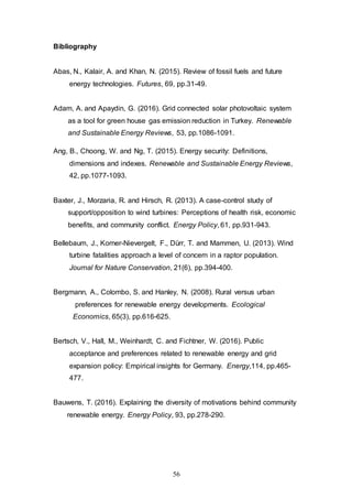 56
Bibliography
Abas, N., Kalair, A. and Khan, N. (2015). Review of fossil fuels and future
energy technologies. Futures, 69, pp.31-49.
Adam, A. and Apaydin, G. (2016). Grid connected solar photovoltaic system
as a tool for green house gas emission reduction in Turkey. Renewable
and Sustainable Energy Reviews, 53, pp.1086-1091.
Ang, B., Choong, W. and Ng, T. (2015). Energy security: Definitions,
dimensions and indexes. Renewable and Sustainable Energy Reviews,
42, pp.1077-1093.
Baxter, J., Morzaria, R. and Hirsch, R. (2013). A case-control study of
support/opposition to wind turbines: Perceptions of health risk, economic
benefits, and community conflict. Energy Policy, 61, pp.931-943.
Bellebaum, J., Korner-Nievergelt, F., Dürr, T. and Mammen, U. (2013). Wind
turbine fatalities approach a level of concern in a raptor population.
Journal for Nature Conservation, 21(6), pp.394-400.
Bergmann, A., Colombo, S. and Hanley, N. (2008). Rural versus urban
preferences for renewable energy developments. Ecological
Economics, 65(3), pp.616-625.
Bertsch, V., Hall, M., Weinhardt, C. and Fichtner, W. (2016). Public
acceptance and preferences related to renewable energy and grid
expansion policy: Empirical insights for Germany. Energy,114, pp.465-
477.
Bauwens, T. (2016). Explaining the diversity of motivations behind community
renewable energy. Energy Policy, 93, pp.278-290.
 