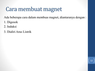 Cara membuat magnet
Ada beberapa cara dalam membuat magnet, diantaranya dengan :
1. Digosok
2. Induksi
3. Dialiri Arus Listrik
12
 