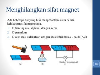 Menghilangkan sifat magnet
Ada beberapa hal yang bisa menyebabkan suatu benda
kehilangan sifat magnetnya.
1. Dibanting atau dipukul dengan keras
2. Dipanaskan
3. Dialiri atau didekatkan dengan arus listrik bolak - balik (AC)
18
 