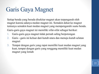 Garis Gaya Magnet
Setiap benda yang berada disekitar magnet akan terpengaruh oleh
magnet karena adanya medan magnet ini. Semakin dekat ke magnet
tentunya semakin kuat medan magnet yang mempengaruhi suatu benda.
Garis-garis gaya magnet ini memiliki sifat-sifat sebagai berikut:
1. Garis-garis gaya magnet tidak pernah saling berpotongan
2. Garis - garis ini keluar dari kutub utara dan menuju kutub selatan
magnet
3. Tempat dengan garis yang rapat memiliki kuat medan magnet yang
kuat, tempat dengan garis yang renggang memiliki kuat medan
magnet yang lemah
22
 