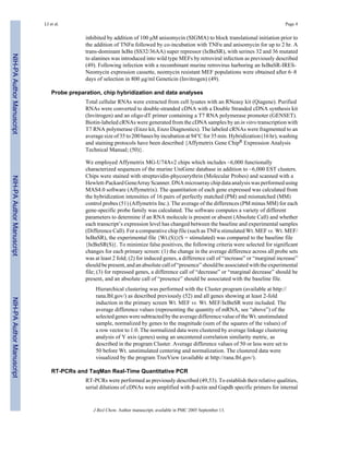inhibited by addition of 100 μM anisomycin (SIGMA) to block translational initiation prior to
the addition of TNFα followed by co-incubation with TNFα and anisomycin for up to 2 hr. A
trans-dominant IκBα (SS32/36AA) super repressor (IκBαSR), with serines 32 and 36 mutated
to alanines was introduced into wild type MEFs by retroviral infection as previously described
(49). Following infection with a recombinant murine retrovirus harboring an IκBαSR-IRES-
Neomycin expression cassette, neomycin resistant MEF populations were obtained after 6–8
days of selection in 800 μg/ml Geneticin (Invitrogen) (49).
Probe preparation, chip hybridization and data analyses
Total cellular RNAs were extracted from cell lysates with an RNeasy kit (Qiagene). Purified
RNAs were converted to double-stranded cDNA with a Double Stranded cDNA synthesis kit
(Invitrogen) and an oligo-dT primer containing a T7 RNA polymerase promoter (GENSET).
Biotin-labeled cRNAs were generated from the cDNA samples by an in vitro transcription with
T7 RNA polymerase (Enzo kit, Enzo Diagnostics). The labeled cRNAs were fragmented to an
average size of 35 to 200 bases by incubation at 94°C for 35 min. Hybridization (16 hr), washing
and staining protocols have been described {Affymetrix Gene ChipR Expression Analysis
Technical Manual; (50)}.
We employed Affymetrix MG-U74Av2 chips which includes ~6,000 functionally
characterized sequences of the murine UniGene database in addition to ~6,000 EST clusters.
Chips were stained with streptavidin-phycoerythrin (Molecular Probes) and scanned with a
Hewlett-Packard GeneArray Scanner. DNA microarray chip data analysis was performed using
MAS4.0 software (Affymetrix). The quantitation of each gene expressed was calculated from
the hybridization intensities of 16 pairs of perfectly matched (PM) and mismatched (MM)
control probes (51) (Affymetrix Inc.). The average of the differences (PM minus MM) for each
gene-specific probe family was calculated. The software computes a variety of different
parameters to determine if an RNA molecule is present or absent (Absolute Call) and whether
each transcript’s expression level has changed between the baseline and experimental samples
(Difference Call). For a comparative chip file (such as TNFα stimulated Wt. MEF vs. Wt. MEF/
IκBαSR), the experimental file {Wt.(S)}(S = stimulated) was compared to the baseline file
{IκBαSR(S)}. To minimize false positives, the following criteria were selected for significant
changes for each primary screen: (1) the change in the average difference across all probe sets
was at least 2 fold; (2) for induced genes, a difference call of “increase” or “marginal increase”
should be present, and an absolute call of “presence” should be associated with the experimental
file; (3) for repressed genes, a difference call of “decrease” or “marginal decrease” should be
present, and an absolute call of “presence” should be associated with the baseline file.
Hierarchical clustering was performed with the Cluster program (available at http://
rana.lbl.gov/) as described previously (52) and all genes showing at least 2-fold
induction in the primary screen Wt. MEF vs. Wt. MEF/IκBαSR were included. The
average difference values (representing the quantity of mRNA, see “above”) of the
selected genes were subtracted by the average difference value of the Wt. unstimulated
sample, normalized by genes to the magnitude (sum of the squares of the values) of
a row vector to 1.0. The normalized data were clustered by average linkage clustering
analysis of Y axis (genes) using an uncentered correlation similarity metric, as
described in the program Cluster. Average difference values of 50 or less were set to
50 before Wt. unstimulated centering and normalization. The clustered data were
visualized by the program TreeView (available at http://rana.lbl.gov/).
RT-PCRs and TaqMan Real-Time Quantitative PCR
RT-PCRs were performed as previously described (49,53). To establish their relative qualities,
serial dilutions of cDNAs were amplified with β-actin and Gapdh specific primers for internal
LI et al. Page 4
J Biol Chem. Author manuscript; available in PMC 2005 September 13.
NIH-PAAuthorManuscriptNIH-PAAuthorManuscriptNIH-PAAuthorManuscript
 