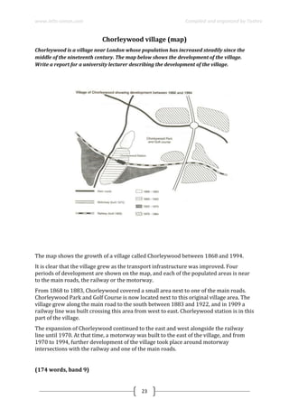 www.ielts-simon.com Compiled and organized by Toshev
23
Chorleywood village (map)
Chorleywood is a village near London whose population has increased steadily since the
middle of the nineteenth century. The map below shows the development of the village.
Write a report for a university lecturer describing the development of the village.
The map shows the growth of a village called Chorleywood between 1868 and 1994.
It is clear that the village grew as the transport infrastructure was improved. Four
periods of development are shown on the map, and each of the populated areas is near
to the main roads, the railway or the motorway.
From 1868 to 1883, Chorleywood covered a small area next to one of the main roads.
Chorleywood Park and Golf Course is now located next to this original village area. The
village grew along the main road to the south between 1883 and 1922, and in 1909 a
railway line was built crossing this area from west to east. Chorleywood station is in this
part of the village.
The expansion of Chorleywood continued to the east and west alongside the railway
line until 1970. At that time, a motorway was built to the east of the village, and from
1970 to 1994, further development of the village took place around motorway
intersections with the railway and one of the main roads.
(174 words, band 9)
 