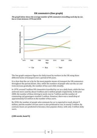 www.ielts-simon.com Compiled and organized by Toshev
30
UK commuters (line graph)
The graph below shows the average number of UK commuters travelling each day by car,
bus or train between 1970 and 2030.
The line graph compares figures for daily travel by workers in the UK using three
different forms of transport over a period of 60 years.
It is clear that the car is by far the most popular means of transport for UK commuters
throughout the period shown. Also, while the numbers of people who use the car and
train increase gradually, the number of bus users falls steadily.
In 1970, around 5 million UK commuters travelled by car on a daily basis, while the bus
and train were used by about 4 million and 2 million people respectively. In the year
2000, the number of those driving to work rose to 7 million and the number of
commuting rail passengers reached 3 million. However, there was a small drop of
approximately 0.5 million in the number of bus users.
By 2030, the number of people who commute by car is expected to reach almost 9
million, and the number of train users is also predicted to rise, to nearly 5 million. By
contrast, buses are predicted to become a less popular choice, with only 3 million daily
users.
(188 words, band 9)
 