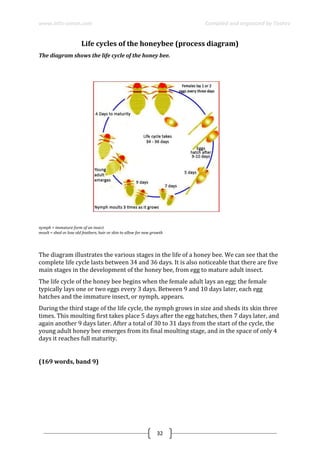 www.ielts-simon.com Compiled and organized by Toshev
32
Life cycles of the honeybee (process diagram)
The diagram shows the life cycle of the honey bee.
...
...
nymph = immature form of an insect
moult = shed or lose old feathers, hair or skin to allow for new growth
The diagram illustrates the various stages in the life of a honey bee. We can see that the
complete life cycle lasts between 34 and 36 days. It is also noticeable that there are five
main stages in the development of the honey bee, from egg to mature adult insect.
The life cycle of the honey bee begins when the female adult lays an egg; the female
typically lays one or two eggs every 3 days. Between 9 and 10 days later, each egg
hatches and the immature insect, or nymph, appears.
During the third stage of the life cycle, the nymph grows in size and sheds its skin three
times. This moulting first takes place 5 days after the egg hatches, then 7 days later, and
again another 9 days later. After a total of 30 to 31 days from the start of the cycle, the
young adult honey bee emerges from its final moulting stage, and in the space of only 4
days it reaches full maturity.
(169 words, band 9)
 