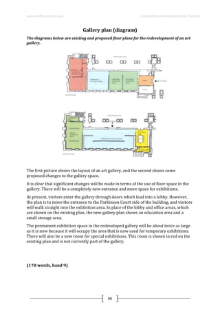 www.ielts-simon.com Compiled and organized by Toshev
46
Gallery plan (diagram)
The diagrams below are existing and proposed floor plans for the redevelopment of an art
gallery.
The first picture shows the layout of an art gallery, and the second shows some
proposed changes to the gallery space.
It is clear that significant changes will be made in terms of the use of floor space in the
gallery. There will be a completely new entrance and more space for exhibitions.
At present, visitors enter the gallery through doors which lead into a lobby. However,
the plan is to move the entrance to the Parkinson Court side of the building, and visitors
will walk straight into the exhibition area. In place of the lobby and office areas, which
are shown on the existing plan, the new gallery plan shows an education area and a
small storage area.
The permanent exhibition space in the redeveloped gallery will be about twice as large
as it is now because it will occupy the area that is now used for temporary exhibitions.
There will also be a new room for special exhibitions. This room is shown in red on the
existing plan and is not currently part of the gallery.
(178 words, band 9)
 