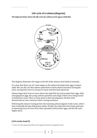 www.ielts-simon.com Compiled and organized by Toshev
5
Life cycle of a salmon (diagram)
The diagram below shows the life cycle of a salmon, from egg to adult fish.
The diagram illustrates the stages in the life of the salmon, from birth to maturity.
It is clear that there are six* main stages as the salmon develops from egg to mature
adult. We can also see that salmon spend time in three distinct locations during the
cycle, moving from river to estuary to ocean and then back upstream.
Salmon begin their lives in rivers where the adult fish lay and incubate their eggs. After
emerging from eggs, the young salmon spend the next stage of their lives being reared
in freshwater areas. Then, at some point in their development, the fish swim
downstream to river estuaries where rearing continues.
Following the estuary rearing period, the maturing salmon migrate to the ocean, where
they eventually become fully grown adults. Finally, the adult fish travel back upstream
to spawning areas of rivers; here they reproduce and lay their eggs, and the life cycle
begins anew.
(154 words, band 9)
* I wrote "six" main stages because these are the stages that I describe in paragraphs 3 and 4.
 