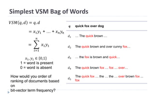 Simplest VSM Bag of Words
𝑉𝑆𝑀 𝑞, 𝑑 = 𝑞. 𝑑
= 𝑥1 𝑦1 + … + 𝑥 𝑛 𝑦𝑛
=
𝑖=1
𝑛
𝑥1 𝑦1
𝒒 quick fox over dog
𝑑1 … The quick brown …
𝑑2 The quick brown and over cunny fox…
𝑑3 … the fox is brown and quick…
𝑑4 The quick brown fox … fox … over…
𝑑5
The quick fox … the … the … over brown fox ...
fox
How would you order of
ranking of documents based
on
bit-vector term frequency?
𝑥1, 𝑦1 ∈ 0,1
1 = word is present
0 = word is absent
 