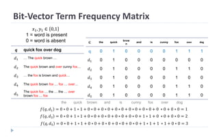 Bit-Vector Term Frequency Matrix
𝒒 quick fox over dog
𝑑1 … The quick brown …
𝑑2 The quick brown and over cunny fox…
𝑑3 … the fox is brown and quick…
𝑑4 The quick brown fox … fox … over…
𝑑5
The quick fox … the … the … over
brown fox … fox
∈ the quick
brow
n
and is cunny fox over dog
q 0 1 0 0 0 0 1 1 1
𝑑1 0 1 0 0 0 0 0 0 0
𝑑2 0 1 0 0 0 0 1 1 0
𝑑3 0 1 0 0 0 0 1 0 0
𝑑4 0 1 0 0 0 0 1 1 0
𝑑5 0 1 0 0 0 0 1 1 0
𝑓 𝑞, 𝑑1 = 0 ∗ 0 + 1 ∗ 1 + 0 ∗ 0 + 0 ∗ 0 + 0 ∗ 0 + 0 ∗ 0 + 0 ∗ 0 + 0 ∗ 0 + 0 ∗ 0 = 1
𝑓 𝑞, 𝑑3 = 0 ∗ 0 + 1 ∗ 1 + 0 ∗ 0 + 0 ∗ 0 + 0 ∗ 0 + 0 ∗ 0 + 1 ∗ 1 + 0 ∗ 0 + 0 ∗ 0 = 2
𝑓 𝑞, 𝑑5 = 0 ∗ 0 + 1 ∗ 1 + 0 ∗ 0 + 0 ∗ 0 + 0 ∗ 0 + 0 ∗ 0 + 1 ∗ 1 + 1 ∗ 1 + 0 ∗ 0 = 3
the quick brown and is cunny fox over dog
𝑥1, 𝑦1 ∈ 0,1
1 = word is present
0 = word is absent
 