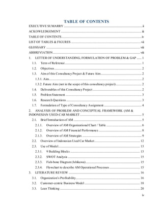 iv
TABLE OF CONTENTS
EXECUTIVE SUMARRY ..................................................................................................ii
ACKOWLEDGEMENT .....................................................................................................iii
TABLE OF CONTENTS....................................................................................................iv
LIST OF TABLES & FIGURES .......................................................................................vii
GLOSSARY ..................................................................................................................... viii
ABBREVIATION............................................................................................................. viii
1. LETTER OF UNDERSTANDING, FORMULATION OF PROBLEM & GAP ...... 1
1.1. Term of Reference................................................................................................ 1
1.2. Objectives............................................................................................................. 2
1.3. Aim of this Consultancy Project & Future Aim................................................... 2
1.3.1. Aim.................................................................................................................... 2
1.3.2. Future Aim (not in the scope of this consultancy project) ................................ 2
1.4. Deliverables of this Consultancy Project ............................................................. 2
1.5. Problem Statement ............................................................................................... 3
1.6. Research Questions .............................................................................................. 3
1.7. Formulation of Type of Consultancy Assignment ............................................... 4
2. ANALYSIS OF PROBLEM AND CONCEPTUAL FRAMEWORK (AM &
INDONESIAN USED-CAR MARKET............................................................................. 5
2.1. Brief Introduction of AM ..................................................................................... 5
2.1.1. Overview of AM Organizational Chart / Table ............................................ 6
2.1.2. Overview of AM Financial Performance...................................................... 8
2.1.3. Overview of AM Strategies .......................................................................... 9
2.2. Overview of Indonesian Used Car Market......................................................... 12
2.3. Use of Model...................................................................................................... 13
2.3.1. 9 Building Blocks ....................................................................................... 13
2.3.2. SWOT Analysis .......................................................................................... 15
2.3.3. Fish-bone Diagram (Ishikawa).................................................................... 15
2.3.4. Flowchart to describe AM Operational Processes ...................................... 15
3. LITERATURE REVIEW ......................................................................................... 16
3.1. Organization’s Profitability................................................................................ 16
3.2. Customer-centric Business Model ..................................................................... 18
3.3. Lean Thinking .................................................................................................... 20
 