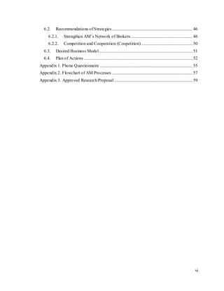 vi
6.2. Recommendations of Strategies......................................................................... 46
6.2.1. Strengthen AM’s Network of Brokers........................................................ 46
6.2.2. Competition and Cooperation (Coopetition) .............................................. 50
6.3. Desired Business Model..................................................................................... 51
6.4. Plan of Actions................................................................................................... 52
Appendix 1. Phone Questionnaire .................................................................................... 55
Appendix 2. Flowchart of AM Processes ......................................................................... 57
Appendix 3. Approved Research Proposal ....................................................................... 59
 