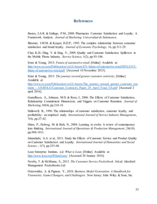 53
References
Bastos, J.A.R. & Gallego, P.M., 2008. Pharmacies Customer Satisfaction and Loyalty: A
Framework Analysis. Journal of Marketing. Universidad de Salamanca.
Bloemer, J.M.M. & Kasper, H.D.P., 1995. The complex relationship between consumer
satisfaction and brand loyalty. Journal of Economic Psychology, 16, pp.311-29.
Chai, K.H., Ding, Y. & Xing, Y., 2009. Quality and Customer Satisfaction Spillovers in
the Mobile Phone Industry. Service Science, 1(2), pp.93-106.
Ernst & Young, 2015. Future of automotive retail. [Online] Available at:
http://www.ey.com/Publication/vwLUAssets/EY-future-of-automotive-retail/$FILE/EY-
future-of-automotive-retail.pdf [Accessed 10 November 2015].
Ernst & Young, 2013. The journey toward greater customer centricity. [Online]
Available at:
http://www.ey.com/Publication/vwLUAssets/The_journey_toward_greater_customer_cen
tricity_-_US/$FILE/Customer_Centricity_Paper_29_April_Final_US.pdf [Accessed 2
april 2016].
Gustaffsson, A., Johnson, M.D. & Roos, I., 2006. The Effects of Customer Satisfaction,
Relationship Commitment Dimensions, and Triggers on Customer Retention. Journal of
Marketing, 69(4), pp.210-18.
Hallowell, R., 1996. The relationships of customer satisfaction, customer loyalty, and
profitability: an empirical study. International Journal of Service Industry Management,
7(4), pp.27-42.
Hines, P., Holweg, M. & Rich, N., 2004. Learning to evolve A review of contemporary
lean thinking. International Journal of Operations & Production Management, 24(10),
pp.994-1011.
Jahanshahi, A.A. et al., 2011. Study the Effects of Customer Service and Product Quality
on Customer Satisfaction and Loyalty. International Journal of Humanities and Social
Science , 1(7), pp.253-60.
Lean Enterprise Institute, n.d. What is Lean. [Online] Available at:
http://www.lean.org/WhatsLean/ [Accessed 20 January 2016].
Newby, T. & McManus, S., 2013. The Customer Service Pocketbook. 3rd ed. Alresford:
Management Pocketbooks Ltd.
Osterwalder, A. & Pigneur, Y., 2010. Business Model Generation: A Handbook for
Visionaries, Game Changers, and Challengers. New Jersey: John Wiley & Sons, Inc.
 