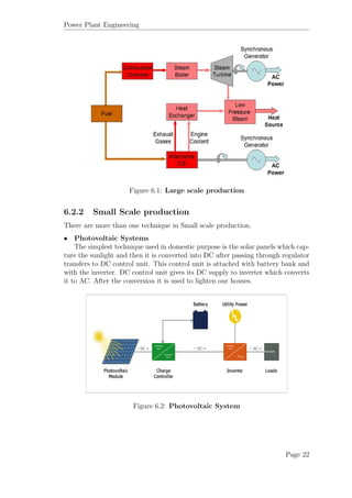 Power Plant Engineering
Figure 6.1: Large scale production
6.2.2 Small Scale production
There are more than one technique in Small scale production.
• Photovoltaic Systems
The simplest technique used in domestic purpose is the solar panels which cap-
ture the sunlight and then it is converted into DC after passing through regulator
transfers to DC control unit. This control unit is attached with battery bank and
with the inverter. DC control unit gives its DC supply to inverter which converts
it to AC. After the conversion it is used to lighten our houses.
Figure 6.2: Photovoltaic System
Page 22
 