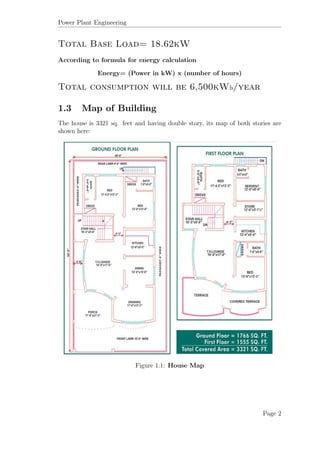 Power Plant Engineering
Total Base Load= 18.62kW
According to formula for energy calculation
Energy= (Power in kW) x (number of hours)
Total consumption will be 6,500kWh/year
1.3 Map of Building
The house is 3321 sq. feet and having double story, its map of both stories are
shown here:
Figure 1.1: House Map
Page 2
 