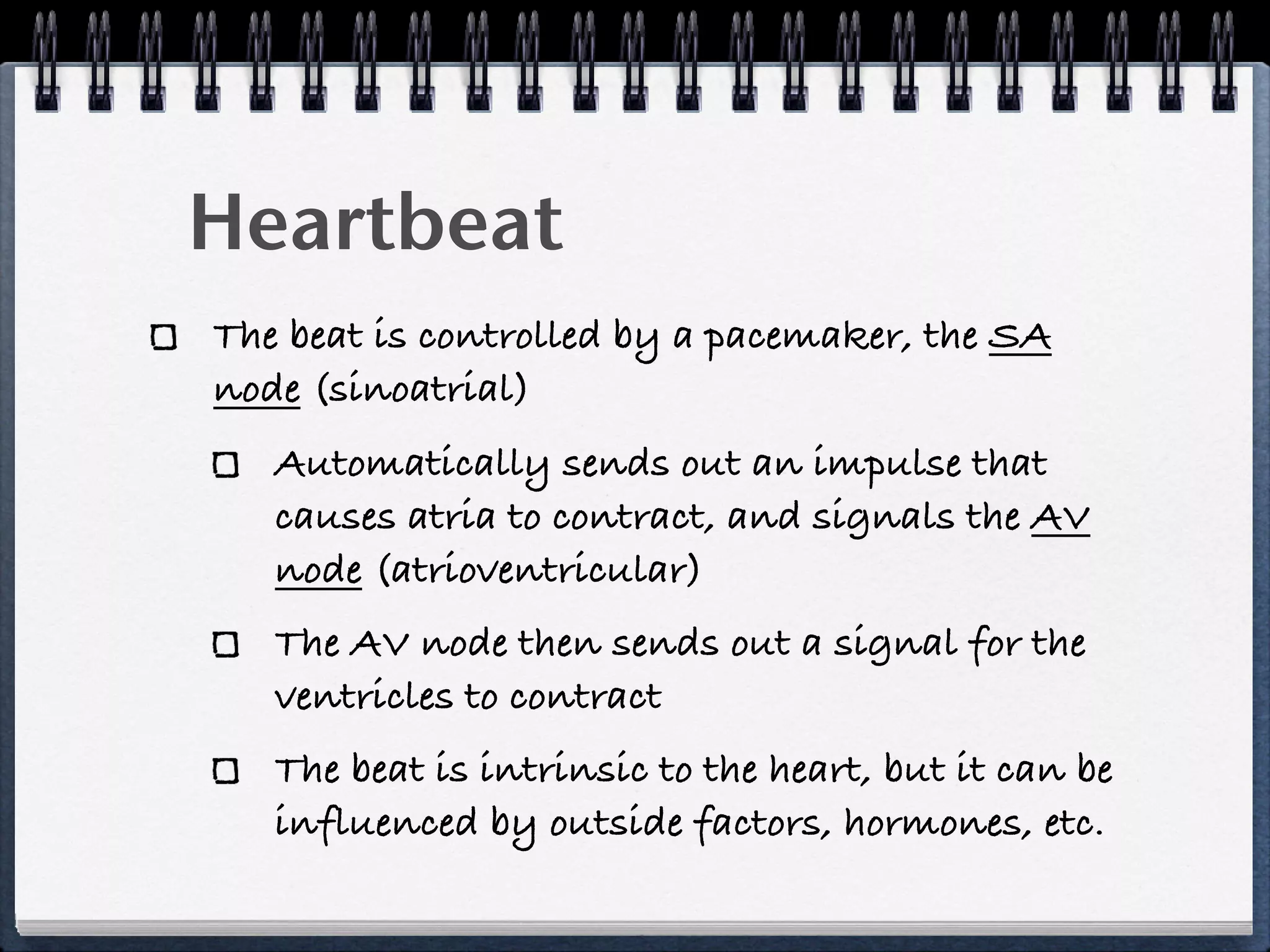 Heartbeat
The beat is controlled by a pacemaker, the SA
node (sinoatrial)
   Automatically sends out an impulse that
   causes atria to contract, and signals the AV
   node (atrioventricular)
   The AV node then sends out a signal for the
   ventricles to contract
   The beat is intrinsic to the heart, but it can be
   influenced by outside factors, hormones, etc.
 