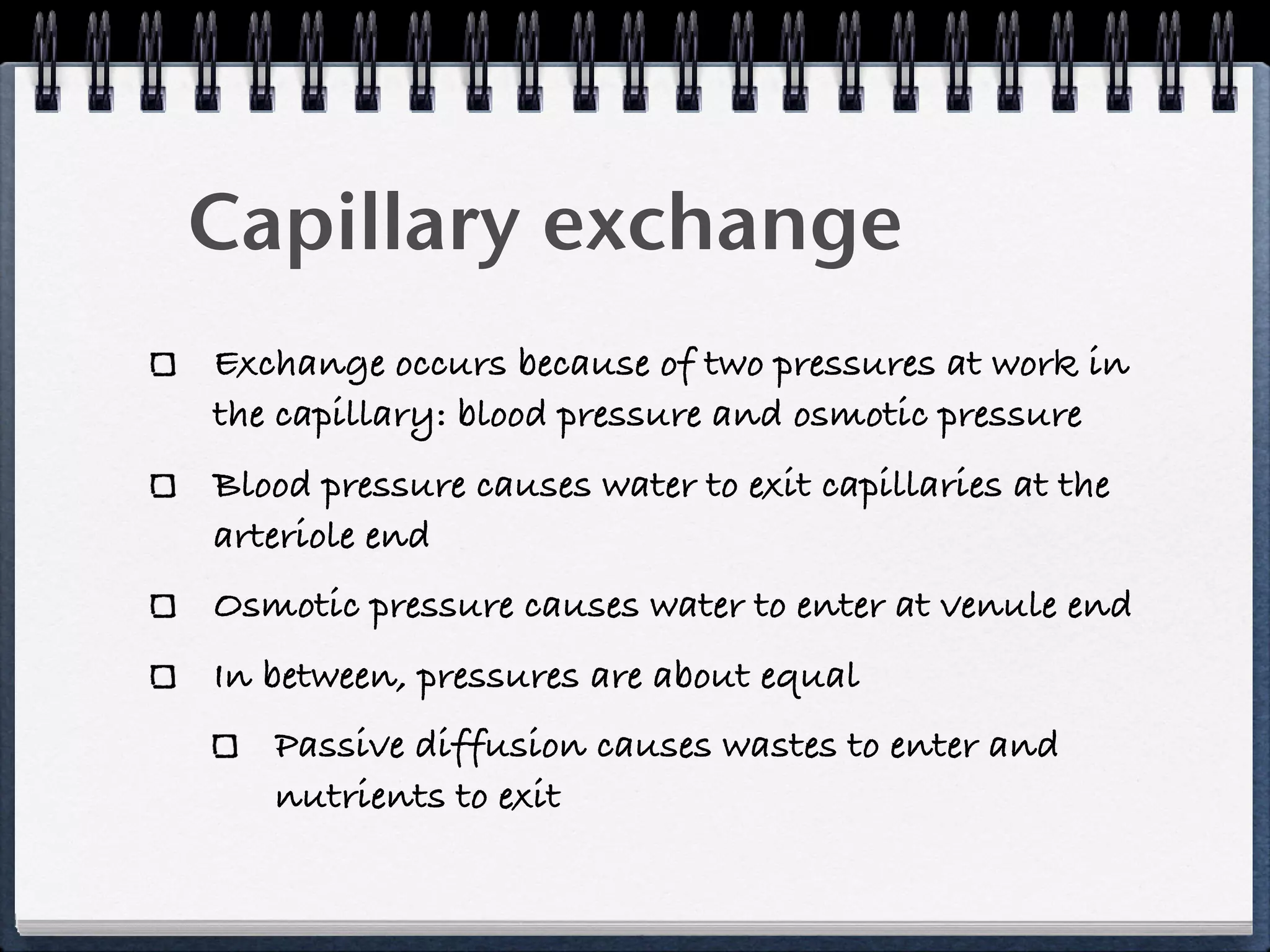 Capillary exchange
Exchange occurs because of two pressures at work in
the capillary: blood pressure and osmotic pressure
Blood pressure causes water to exit capillaries at the
arteriole end
Osmotic pressure causes water to enter at venule end
In between, pressures are about equal
   Passive diffusion causes wastes to enter and
   nutrients to exit
 