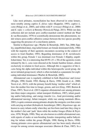 14 Behaviour (2015) DOI:10.1163/1568539X-00003267
Like most primates, reconciliation has been observed in some lemurs,
most notably among captive E. fulvus rufus (Kappeler, 1993), captive L.
catta (Palagi et al., 2005), and within wild P. verreauxi (Palagi et al., 2008)
and E. rufus × collaris at Berenty (Norscia & Palagi, 2011). While our data
collection did not include post conﬂict-matched control method (de Waal
& van Roosmalen, 1979) to scientiﬁcally demonstrate this phenomenon, we
did witness post-conﬂict afﬁnitive contact between the two species possibly
suggesting the presence of a conciliatory pattern.
Similar to Hapalemur spp. (Waeber & Hemelrijk, 2003; Tan, 2006; Epp-
ley, unpublished data), ring-tailed lemurs are female dominated (Jolly, 1966)
with the majority of their agonistic encounters occurring in the context of
access to food (Sauther, 1993). Regarding dominance of H. meridionalis
within this group, Female 1 was dominant over Female 2 (Eppley, unpub-
lished data). Yet, it is interesting that 69.9% (N = 58) of the agonistic events
initiated by the L. catta were directed at the female bamboo lemurs, almost
exclusively in relation to food access. Although this is suggestive of the L.
catta being the alpha individual within this heterospeciﬁc social group, she
never initiated group travel, which is often included as a parameter for expli-
cating individual dominance (Waeber & Hemelrijk, 2003).
Allomaternal care is regularly exhibited in both Hapalemur and Lemur
(Wright, 1990; Gould, 1992; Haring & Davis, 1998; Gould et al., 2000;
Tecot et al., 2013), with the primary beneﬁt being ‘mother relief’ which al-
lows the mother free time to forage, groom, and rest (Gray, 1985; Burton &
Chan, 1987). Tecot et al. (2013) organize allomaternal care among primates
into three major categories: infant transport (Goldizen, 1987), infant guard-
ing and/or babysitting, and energy transfer (i.e., food provisioning and/or
allomaternal nursing). Infant transport, while rare among mammals (Ross,
2001), is quite common among primates despite the energetic cost that comes
with carrying an infant (Schradin & Anzenberger, 2001). Hapalemur spp. are
known to carry infants orally when they are ﬁrst born (and later they cling to
the mother’s fur) and ‘park’ them while the mother forages (Petter & Peyri-
eras, 1970; Wright, 1990). They are also known to exhibit allomaternal care,
with reports of males or non-breeding females transporting and/or babysit-
ting for infants within the group (Wright, 1990; Haring & Davis, 1998).
Among primates cross-species allomaternal care has been rarely observed,
except for among certain macaque associates (Burton & Chan, 1987). In a
 