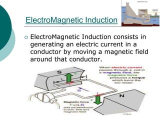 ElectroMagnetic Induction
 ElectroMagnetic Induction consists in
generating an electric current in a
conductor by moving a magnetic field
around that conductor.
 