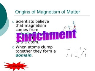 Origins of Magnetism of Matter
 Scientists believe
that magnetism
comes from
spinning electrons
around the nucleus
of the atom.
 When atoms clump
together they form a
domain.
Enrichment
 