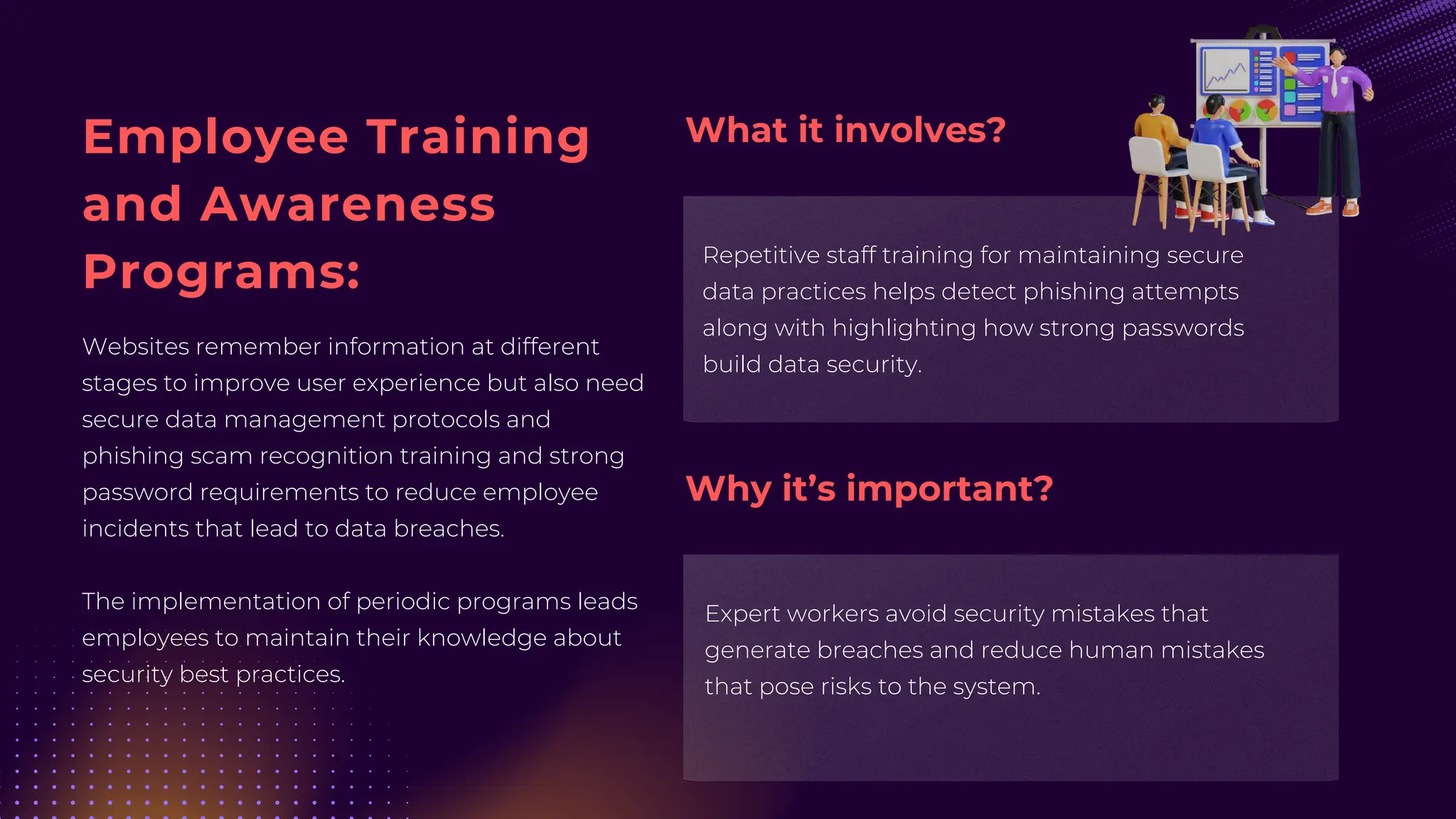 Employee Training
and Awareness
Programs:
Websites remember information at different
stages to improve user experience but also need
secure data management protocols and
phishing scam recognition training and strong
password requirements to reduce employee
incidents that lead to data breaches.
The implementation of periodic programs leads
employees to maintain their knowledge about
security best practices.
Repetitive staff training for maintaining secure
data practices helps detect phishing attempts
along with highlighting how strong passwords
build data security.
Expert workers avoid security mistakes that
generate breaches and reduce human mistakes
that pose risks to the system.
What it involves?
Why it’s important?
 