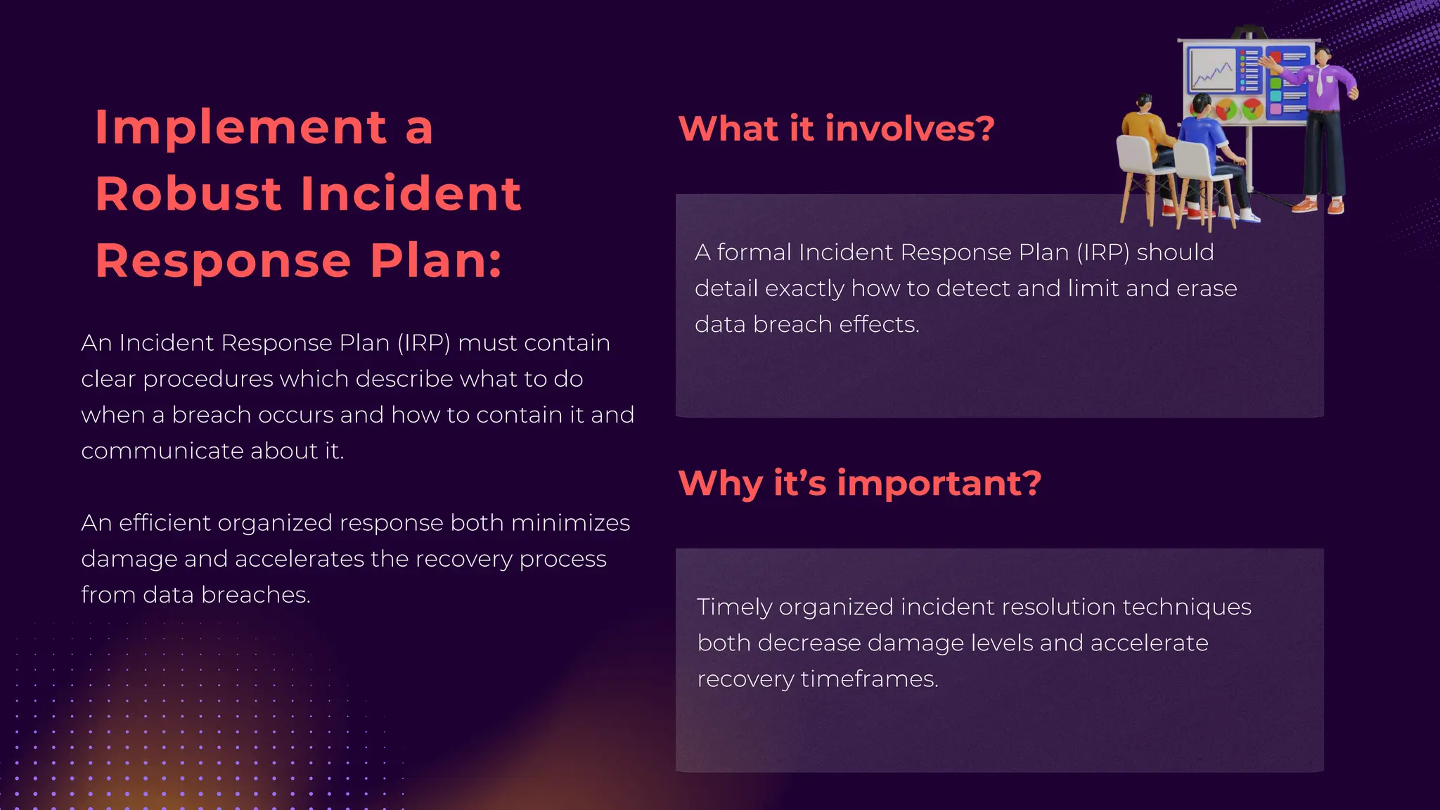 Implement a
Robust Incident
Response Plan:
An Incident Response Plan (IRP) must contain
clear procedures which describe what to do
when a breach occurs and how to contain it and
communicate about it.
An efficient organized response both minimizes
damage and accelerates the recovery process
from data breaches.
A formal Incident Response Plan (IRP) should
detail exactly how to detect and limit and erase
data breach effects.
Timely organized incident resolution techniques
both decrease damage levels and accelerate
recovery timeframes.
What it involves?
Why it’s important?
 