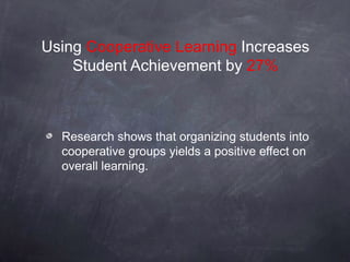 Using Cooperative Learning Increases
    Student Achievement by 27%



  Research shows that organizing students into
  cooperative groups yields a positive effect on
  overall learning.
 