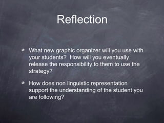 Reflection

What new graphic organizer will you use with
your students? How will you eventually
release the responsibility to them to use the
strategy?

How does non linguistic representation
support the understanding of the student you
are following?
 