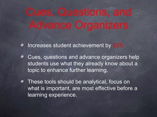 Cues, Questions, and
Advance Organizers
Increases student achievement by 22%

Cues, questions and advance organizers help
students use what they already know about a
topic to enhance further learning.

These tools should be analytical, focus on
what is important, are most effective before a
learning experience.
 