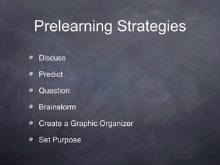 Prelearning Strategies
Discuss

Predict

Question

Brainstorm

Create a Graphic Organizer

Set Purpose
 