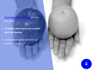  Coaching and mentoring are not
the same.
 A mentor may coach, but a coach
does not mentor.
 Understanding the definition of
mentoring is crucial.
4
Click here to download a free
white paper on the differences
between coaching and
mentoring!
 