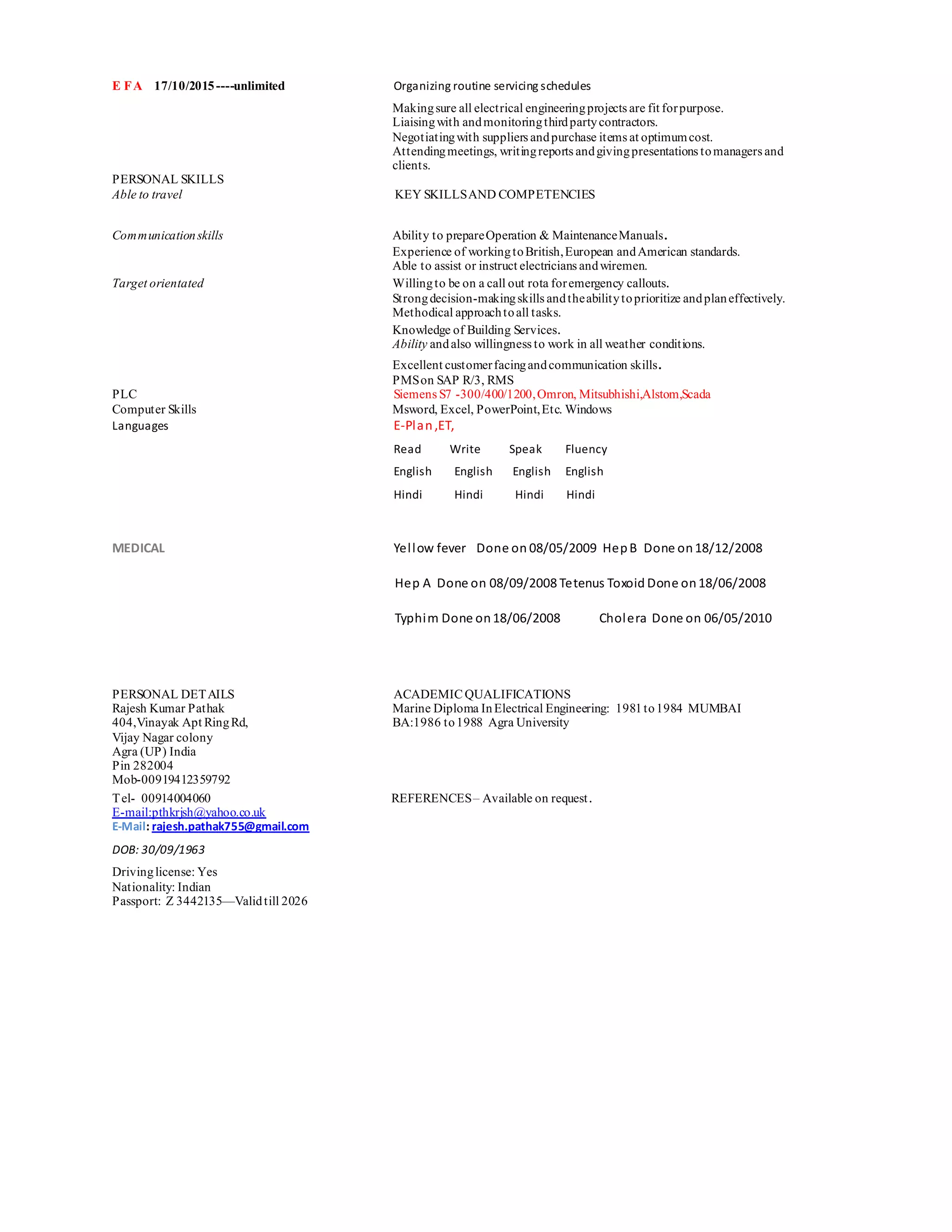 E FA 17/10/2015----unlimited Organizing routine servicing schedules
Makingsure all electrical engineeringprojects are fit forpurpose.
Liaisingwith andmonitoringthirdpartycontractors.
Negotiatingwith suppliers andpurchase items at optimumcost.
Attendingmeetings, writingreports andgivingpresentations tomanagers and
clients.
PERSONAL SKILLS
Able to travel KEY SKILLSAND COMPETENCIES
Communicationskills Ability to prepareOperation & MaintenanceManuals.
Experience of workingtoBritish,European andAmerican standards.
Able to assist or instruct electricians andwiremen.
Target orientated Willingto be on a call out rota foremergency callouts.
Strongdecision-makingskills andtheabilitytoprioritize andplaneffectively.
Methodical approachtoall tasks.
Knowledge of Building Services.
Ability andalso willingness to work in all weather conditions.
Excellent customerfacingandcommunication skills.
PMSon SAP R/3, RMS
PLC Siemens S7 -300/400/1200,Omron, Mitsubhishi,Alstom,Scada
Computer Skills Msword, Excel, PowerPoint,Etc. Windows
Languages E-Plan,ET,
Read Write Speak Fluency
English English English English
Hindi Hindi Hindi Hindi
MEDICAL Yellow fever Done on 08/05/2009 HepB Done on18/12/2008
Hep A Done on 08/09/2008 Tetenus Toxoid Done on18/06/2008
Typhim Done on18/06/2008 Cholera Done on 06/05/2010
PERSONAL DETAILS ACADEMIC QUALIFICATIONS
Rajesh Kumar Pathak Marine Diploma InElectrical Engineering: 1981to1984 MUMBAI
404,Vinayak Apt RingRd, BA:1986 to1988 Agra University
Vijay Nagar colony
Agra (UP) India
Pin 282004
Mob-00919412359792
Tel- 00914004060 REFERENCES– Available on request.
E-mail:pthkrjsh@yahoo.co.uk
E-Mail: rajesh.pathak755@gmail.com
DOB: 30/09/1963
Drivinglicense: Yes
Nationality: Indian
Passport: Z 3442135—Validtill 2026
 